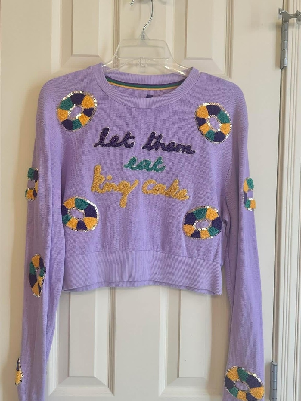 Lilac 'Let Them Eat King Cake' Embellished Women's Sweater
